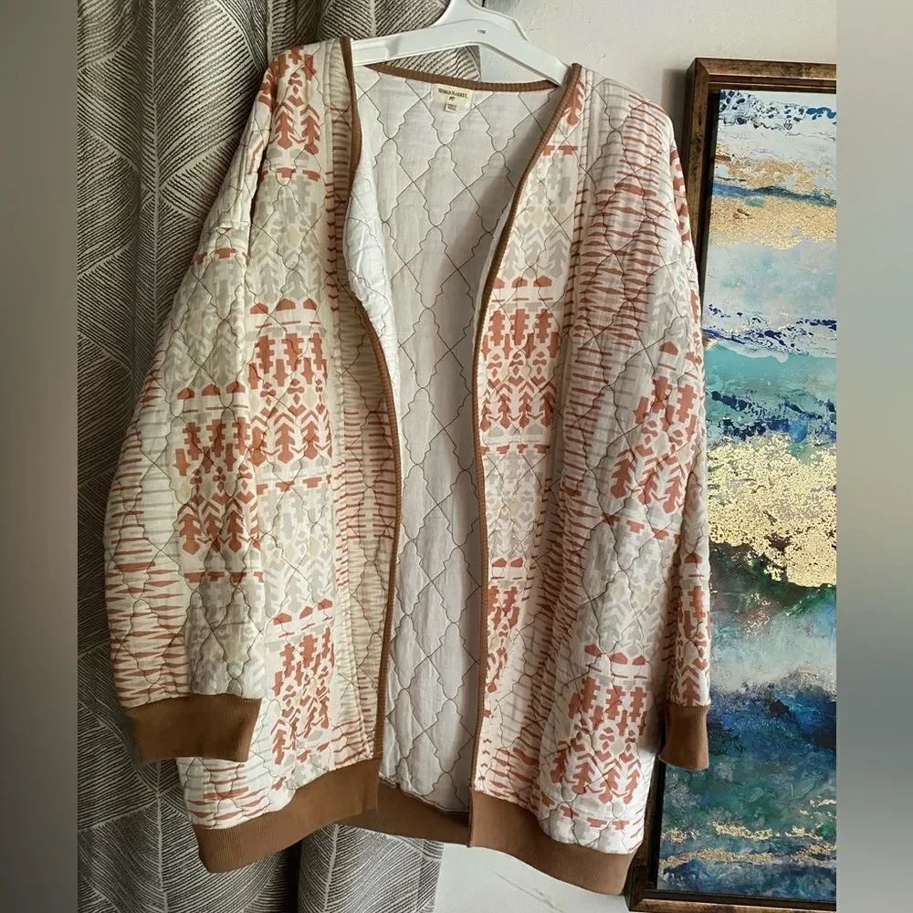World Market Women’s Jacket One Size Cotton Open Front White Brown  Pockets